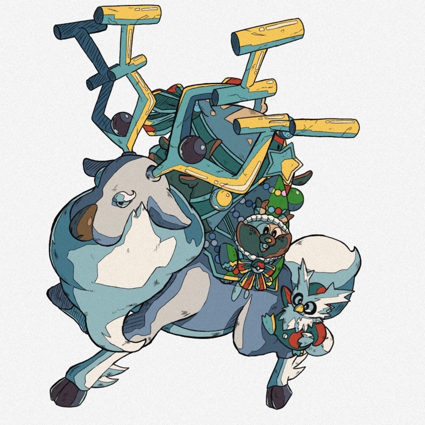 antlers bag christmas costume debudebumetabo delibird gen_2_pokemon gen_8_pokemon greedent highres horns nintendo no_humans pokemon pokemon_(creature) white_background wyrdeer