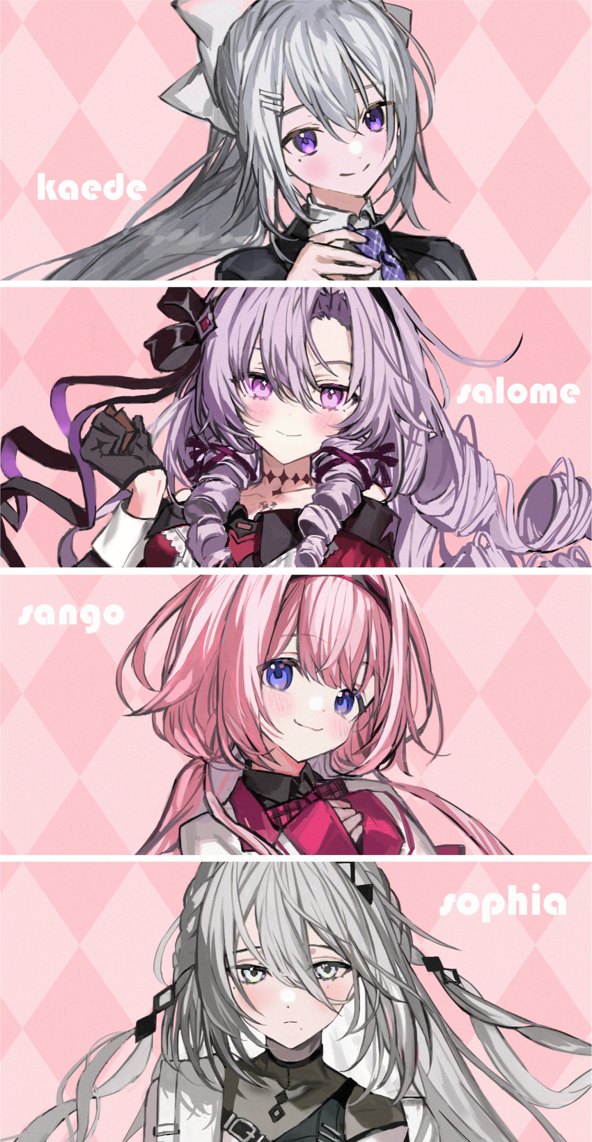 4girls absurdres black_gloves black_hairband black_jacket blazer bow brown_cardigan cardigan commentary_request diamond_(shape) dress drill_hair gloves gradient_hair grey_hair hair_bow hairband half_gloves heart highres higuchi_kaede higuchi_kaede_(1st_costume) hyakumantenbara_salome hyakumantenbara_salome_(1st_costume) jacket long_hair low_twintails multicolored_hair multiple_girls nana_tetra nijisanji open_clothes open_jacket orange_cardigan parted_bangs pink_background pink_hair purple_eyes purple_hair red_dress smile socks sophia_valentine sophia_valentine_(1st_costume) suo_sango suo_sango_(1st_costume) twintails virtual_youtuber white_bow white_jacket white_socks