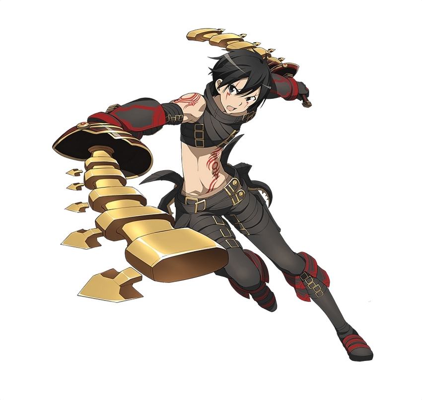 .hack// .hack//g.u. 1boy black_eyes black_hair borrowed_weapon cosplay detached_sleeves dual_wielding full_body haseo_(.hack//) haseo_(.hack//)_(cosplay) highres holding holding_sword holding_weapon kirito male_focus official_art open_mouth short_hair simple_background solo sword sword_art_online sword_art_online:_code_register tattoo weapon white_background