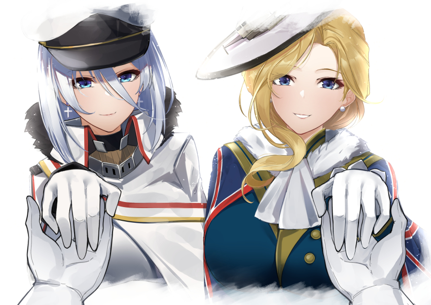2girls absurdres azur_lane blonde_hair blue_eyes breasts earrings gloves hair_between_eyes hair_over_shoulder hat highres holding_hands hood_(azur_lane) irkawaza jewelry long_hair looking_at_viewer multiple_girls short_hair tirpitz_(azur_lane) white_hair