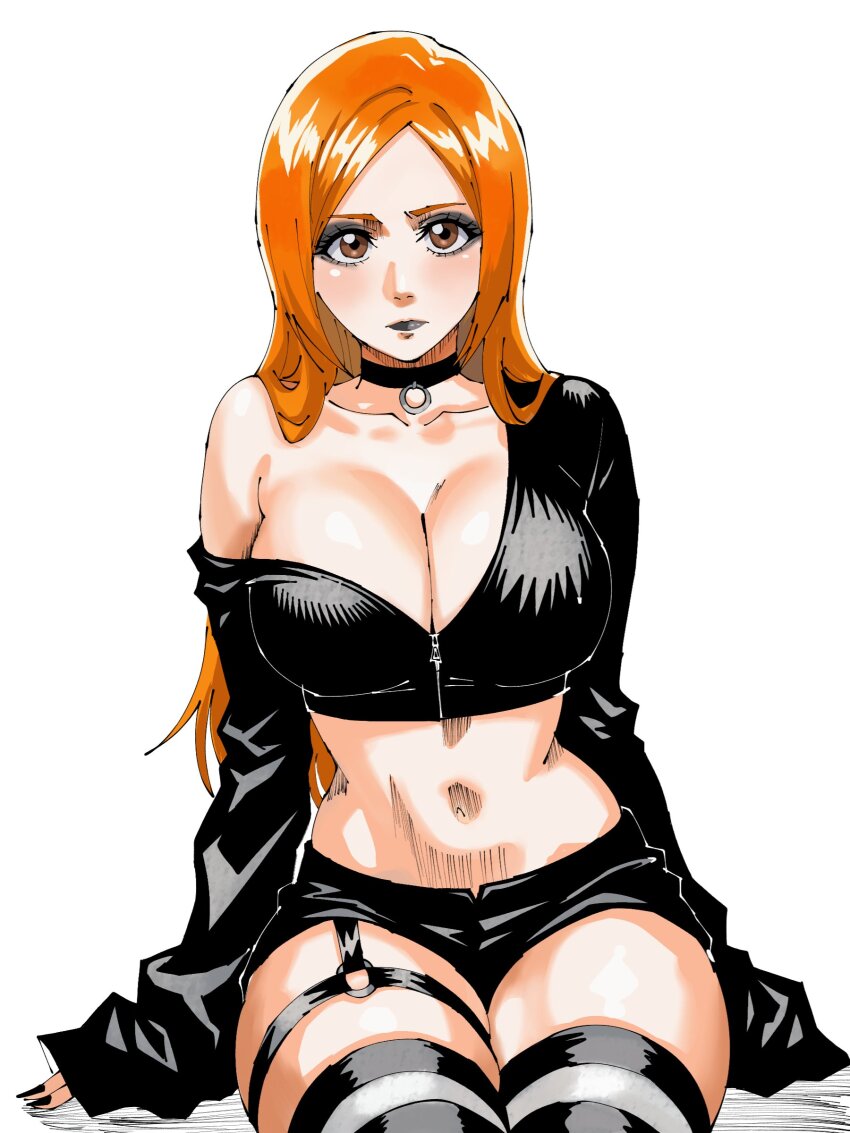 1girl absurdres alternate_costume black_choker black_eyeshadow black_jacket black_lips black_nails black_shorts black_thighhighs bleach breasts brown_eyes choker cleavage cropped_jacket eyeshadow goth_fashion highres inoue_orihime jacket large_breasts long_hair looking_at_viewer lorna12155671 makeup navel orange_hair short_shorts shorts simple_background single_sleeve_past_fingers sleeves_past_wrists solo striped_clothes striped_thighhighs thighhighs white_background white_thighhighs
