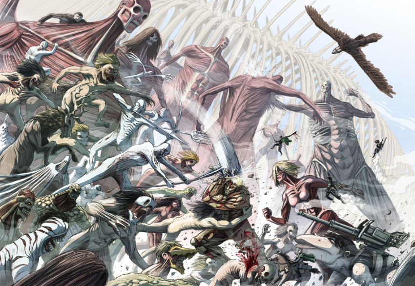 absurdres annie_leonhart antlers armin_arlert armored_titan arrow_(projectile) battle beak beast_titan bird blood bone bow_(weapon) cart_titan claws colossal_titan deer eye_socket feathers female_titan fighting_stance founding_titan fur hammer hammer_titan hannah_giesen highres horns horse jaw_titan large_hands levi_(shingeki_no_kyojin) long_hair mikasa_ackerman punching rabbit reiner_braun ribs rogue_titan shingeki_no_kyojin spoilers teeth three-dimensional_maneuver_gear thunder_spears titan_(shingeki_no_kyojin) turret war_hammer_titan weapon