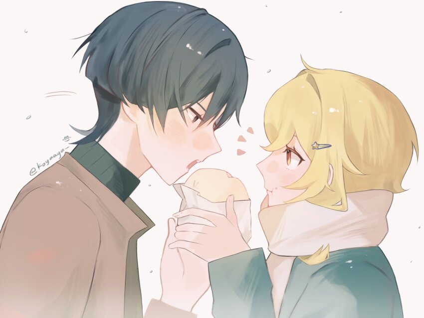 1boy 1girl alternate_costume aqua_jacket aqua_sleeves steamed_bun black_eyes black_hair black_jacket black_undershirt blonde_hair blunt_ends blush casual cheek_bulge contemporary couple dating eyelashes fingernails food food_on_face food_wrapper from_side genshin_impact hair_ornament hairclip head_down hetero highres holding holding_food jacket koyaaya long_sleeves looking_at_another loose_hair_strand lumine_(genshin_impact) notice_lines open_mouth ribbed_collar scaramouche_(genshin_impact) scarf short_hair short_hair_with_long_locks sidelocks teeth tsurime twitter_username upper_teeth_only white_background white_scarf yellow_eyes