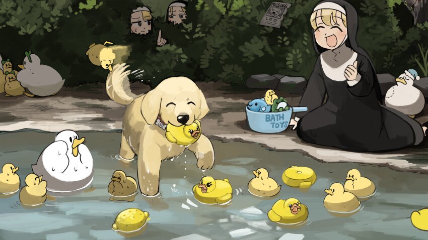 3girls :d bird blonde_hair chicken closed_eyes clumsy_nun_(diva) commentary diva_(hyxpk) dog duck duckling english_commentary frog_headband golden_retriever habit highres little_nuns_(diva) multiple_girls nervous_sweating nun open_mouth pond rubber_duck slice_of_life smile spicy_nun_(diva) strict_nun_(diva) sweat traditional_nun