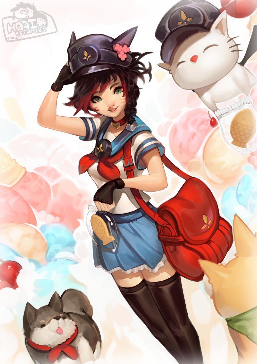 1girl absurdres animal animal_ears artist_name warrior_of_light_(ff14) bag black_gloves black_hair black_headwear blue_skirt braid breasts cat cat_ears cherry commentary commission dog english_commentary facial_mark feet_out_of_frame fictional_persona final_fantasy final_fantasy_xiv fingerless_gloves food frilled_skirt frills fruit gloves green_eyes hand_on_headwear hand_up highres hoai_vu ice_cream medium_breasts medium_hair miqo&#039;te parted_lips red_bag red_hair sailor_collar second-party_source shirt shoulder_bag skirt taiyaki teeth thighhighs wagashi whisker_markings white_shirt zettai_ryouiki