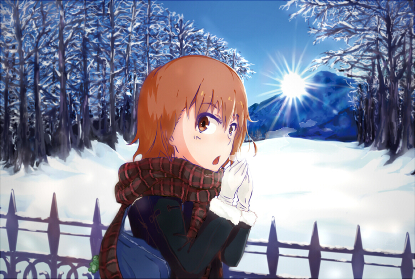 1girl bag black_coat blue_sky breathing_on_hands brown_eyes brown_hair brown_scarf clear_sky coat commentary day forest from_side fur-trimmed_coat fur-trimmed_sleeves fur_trim gekota gloves hair_between_eyes hands_up light_blush long_sleeves looking_at_viewer medium_hair misaka_mikoto mountain nature open_mouth outdoors plaid_clothes plaid_scarf railing scarf sky snow solo sun sunburst toaru_majutsu_no_index tomato_(lsj44867) toy tree upper_body white_gloves winter