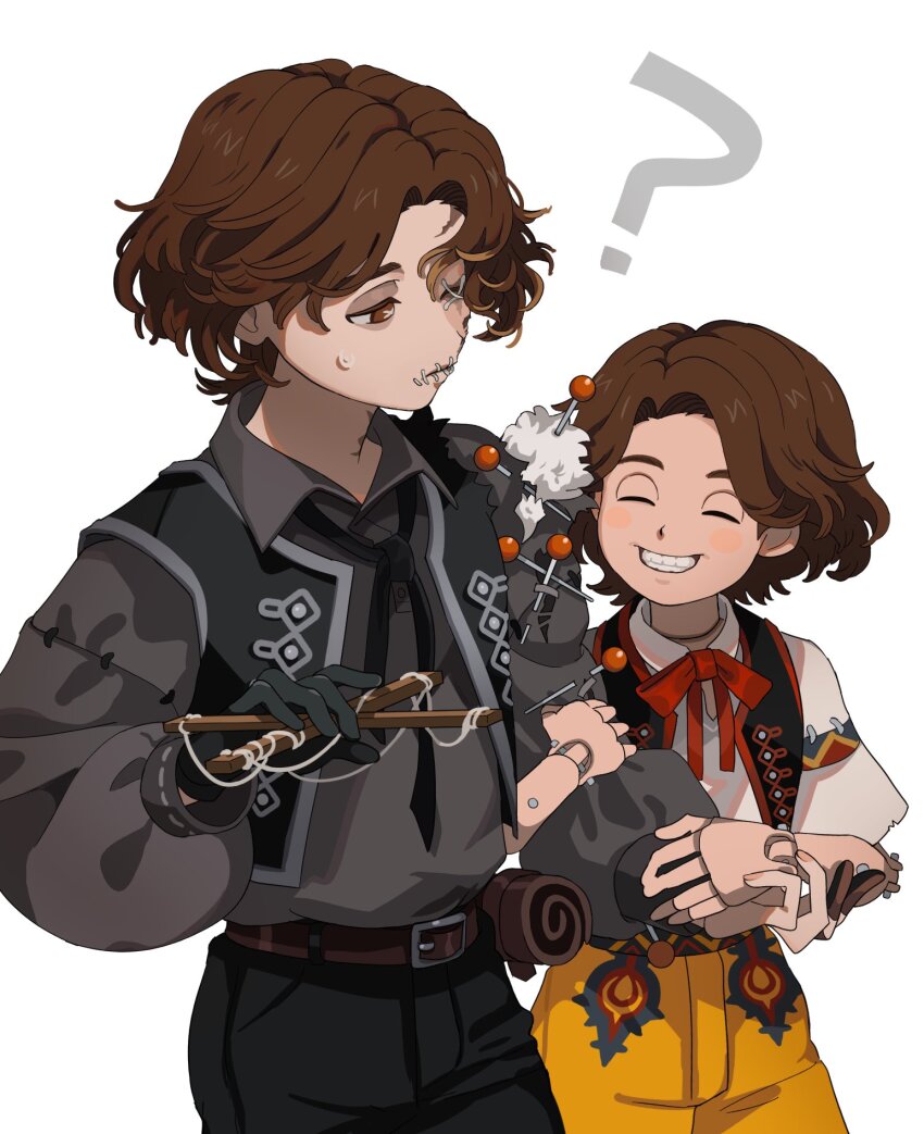 2boys ? ascot belt black_ascot black_gloves black_pants black_shirt blush bow brown_belt brown_hair closed_eyes cross-shaped_pupils cross_stitch doll_joints gloves grin height_difference highres holding_another&#039;s_arm identity_v joints looking_at_another louis_(identity_v) male_focus matthias_czernin multiple_boys pants pin puffy_sleeves rainbow_ocat red_bow scar scar_on_face shirt shorts single_glove smile stitched_eye stitched_mouth stitches stuffing sweat symbol-shaped_pupils wavy_hair yellow_shorts