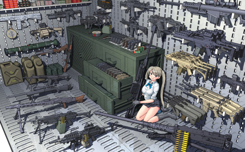 .50_bmg 12-gauge 1girl 3d aa-12 ak-47 ammunition ammunition_belt ammunition_box anti-materiel_cartridge anti-materiel_rifle armory assault_rifle at4 automatic_shotgun barrett_m82 black_socks blouse blue_bow blue_bowtie blue_ribbon bolt_action bow bowtie browning_m2 bullpup collared_shirt combat_shotgun crew-served_weapon drum_magazine equipment_layout extended_magazine famas female_focus fully_powered_cartridge glock gloves grenade_launcher grey_socks gun h&amp;k_g36 h&amp;k_usp handgun hase_yu heavy_machine_gun high-capacity_magazine hmg_cartridge indoors jerry_can kalashnikov_rifle kneehighs kriss_vector light_machine_gun little_armory long_hair looking_at_viewer m249_saw m79 machine_gun machine_pistol magazine_(weapon) magnum_cartridge match_grade_ammunition military_cartridge milkor_mgl miniskirt muzzle_device p90 personal_defense_weapon recoilless_gun remington_model_700 revolver_grenade_launcher ribbon rifle rifle_cartridge rocket_launcher rpg_(weapon) scope shirt shotgun shotgun_shell skirt sniper_rifle socks solo steyr_aug submachine_gun tagme teruyasu_maria thighs tomytec twintails underbarrel_grenade_launcher very_long_hair weapon white_shirt wide_shot