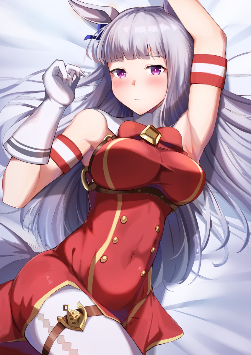 1girl absurdres animal_ears arm_up armband armpits bare_shoulders bed blush bow breasts buttons commentary_request double-breasted dress ear_bow gloves gold_ship_(umamusume) grey_hair highres horse_ears horse_girl large_breasts long_hair no_headwear on_bed pantyhose purple_bow purple_eyes red_dress solo thigh_strap tsujiya_okuyasu umamusume white_gloves white_pantyhose