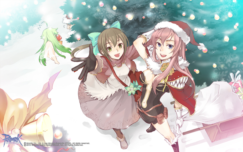 1boy 3girls ahoge antonio_(ragnarok_online) arms_up bell black_gloves boots bow box breasts brown_footwear brown_hair brown_jacket brown_skirt brown_socks cape christmas christmas_tree copyright_notice creator_(ragnarok_online) dress exyagi from_above full_body fur-trimmed_footwear fur-trimmed_headwear fur_trim gift gift_box gloves green_bow green_eyes green_hair guest_art hair_bow hat highres jacket lif_(ragnarok_online) logo long_hair long_sleeves looking_at_viewer medium_breasts merchant_(ragnarok_online) multiple_girls navel official_art official_wallpaper open_clothes open_jacket open_mouth pink_hair plunging_neckline pom_pom_(clothes) ragnarok_online red_cape red_hat santa_hat shirt shoes short_dress skirt sleigh smile snow snowing socks teeth very_long_hair white_gloves white_shirt