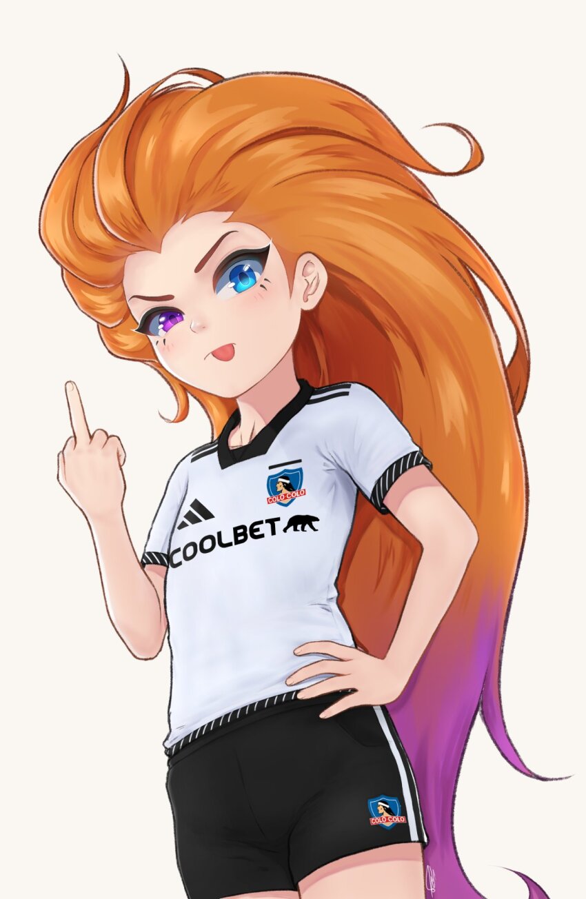 1girl :p alternate_costume black_shorts cowboy_shot green_eyes hand_on_own_hip heterochromia highres league_of_legends long_hair middle_finger orange_hair purple_eyes purple_hair shirt short_sleeves shorts simple_background sizigia soccer_uniform solo sportswear tongue tongue_out very_long_hair white_background white_shirt zoe_(league_of_legends)