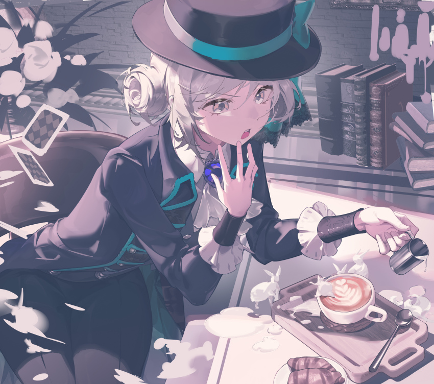 1girl :o absurdres ascot black_coat black_hat black_pants blue_bow boater_hat book book_stack bow bread chang_zhao_xiao_quan clumsy coat coffee collared_shirt cowboy_shot cup flower foam food grey_hair hair_bun hands_up hat hat_bow highres holding holding_cup latte_art looking_at_food milk open_mouth pants plate reverse:1999 shirt single_side_bun sitting solo v-shaped_eyebrows vertin_(reverse:1999) white_ascot white_flower white_shirt