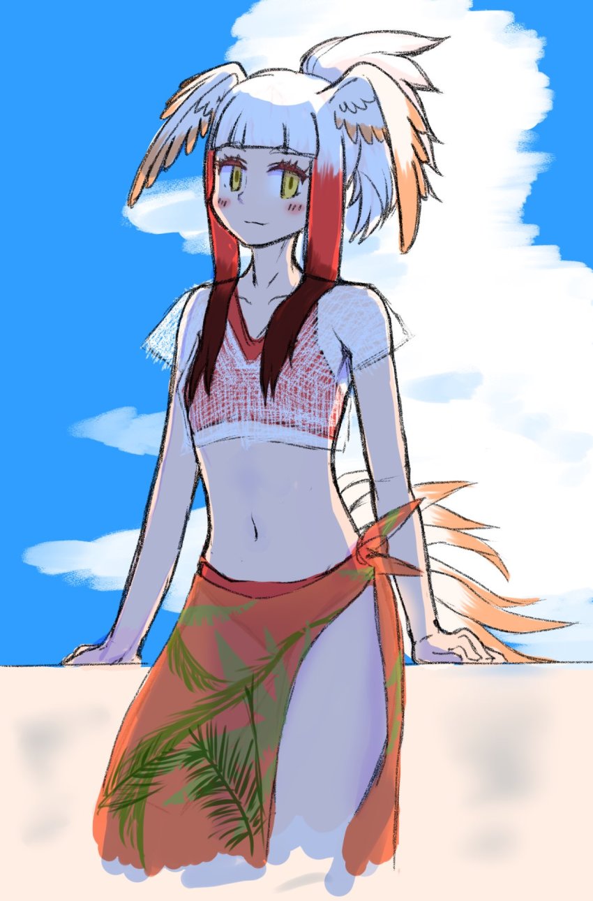 1girl alternate_costume alternate_hairstyle aotsuki_tsutome bikini black_hair blush collarbone commentary_request highres japanese_crested_ibis_(kemono_friends) kemono_friends looking_at_viewer midriff navel ponytail red_bikini red_hair red_sarong sarong see-through_clothes shirt short_hair short_sleeves sidelocks solo swimsuit white_hair white_shirt yellow_eyes