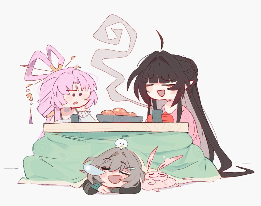 3girls ahoge black_hair blush_stickers bow-shaped_hair closed_eyes colored_extremities commentary cup d: english_commentary facing_another food forehead_jewel fruit fu_xuan_(honkai:_star_rail) furrowed_brow fuyuan_(honkai:_star_rail) grey_hair grey_sweater hair_intakes hair_ornament hair_rings hair_stick hairclip honkai:_star_rail honkai_(series) kotatsu lingsha_(honkai:_star_rail) long_hair long_sleeves looking_at_another lying multiple_girls nose_bubble on_stomach open_mouth pink_hair pink_sweater qingque_(honkai:_star_rail) red_hands sitting sleeping slice_of_life smile steam sweater table under_kotatsu under_table unfamousradish very_long_hair