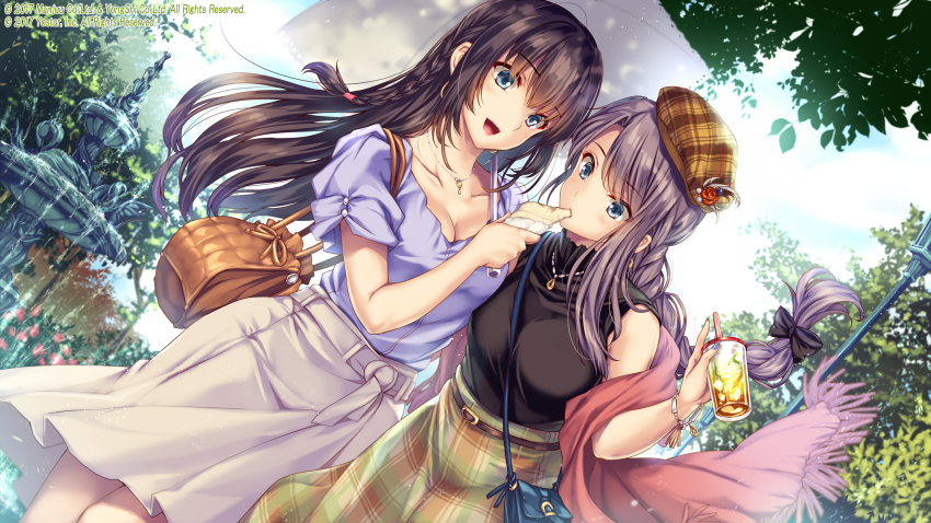2girls :d azur_lane bag bare_shoulders belt beret between_breasts black_shirt blue_eyes blue_sky blush bow braid breasts brown_bag brown_belt brown_headwear casual cleavage cloud collarbone commentary_request cowboy_shot crepe cup curacoa_(azur_lane) curlew_(azur_lane) day disposable_cup drinking_straw dutch_angle eating food fountain hair_between_eyes hair_bow handbag hat highres holding holding_crepe holding_cup holding_food jewelry lamppost large_breasts long_hair looking_at_another monety multiple_girls necklace official_art open_mouth outdoors pink_shawl plaid_clothes plaid_headwear plaid_skirt purple_hair purple_shirt shawl shirt shirt_tucked_in sidelocks single_braid skirt sky sleeveless sleeveless_shirt smile standing strap_between_breasts tree umbrella watermark white_skirt