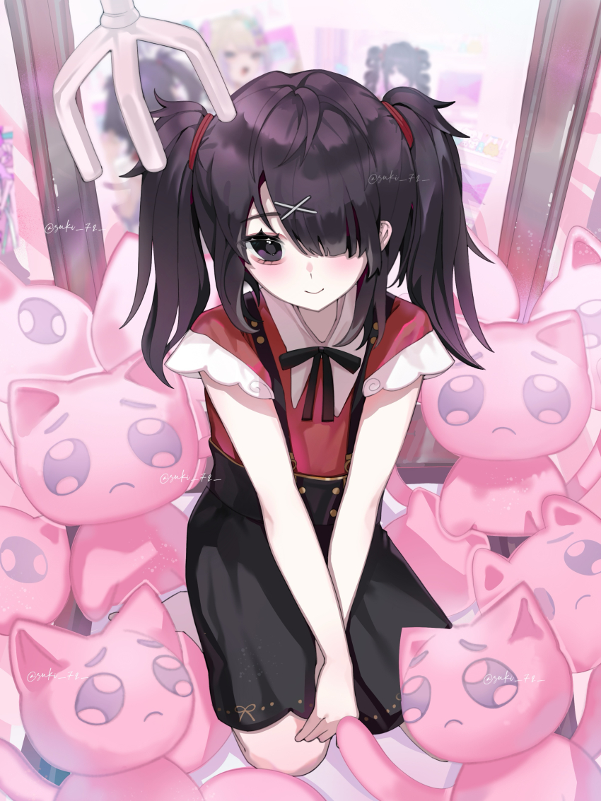 1girl absurdres ame-chan_(needy_girl_overdose) artist_name black_eyes black_hair black_ribbon black_skirt cat chouzetsusaikawa_tenshi-chan closed_mouth collared_shirt crane_game emoji full_body hair_ornament hair_over_one_eye highres in_crane_game jirai_kei long_hair looking_at_viewer neck_ribbon needy_girl_overdose pien_cat_(needy_girl_overdose) pleading_face_emoji red_shirt ribbon shirt signature sitting skirt smile solo stuffed_animal stuffed_cat stuffed_toy suki_72 suspender_skirt suspenders twintails x_hair_ornament