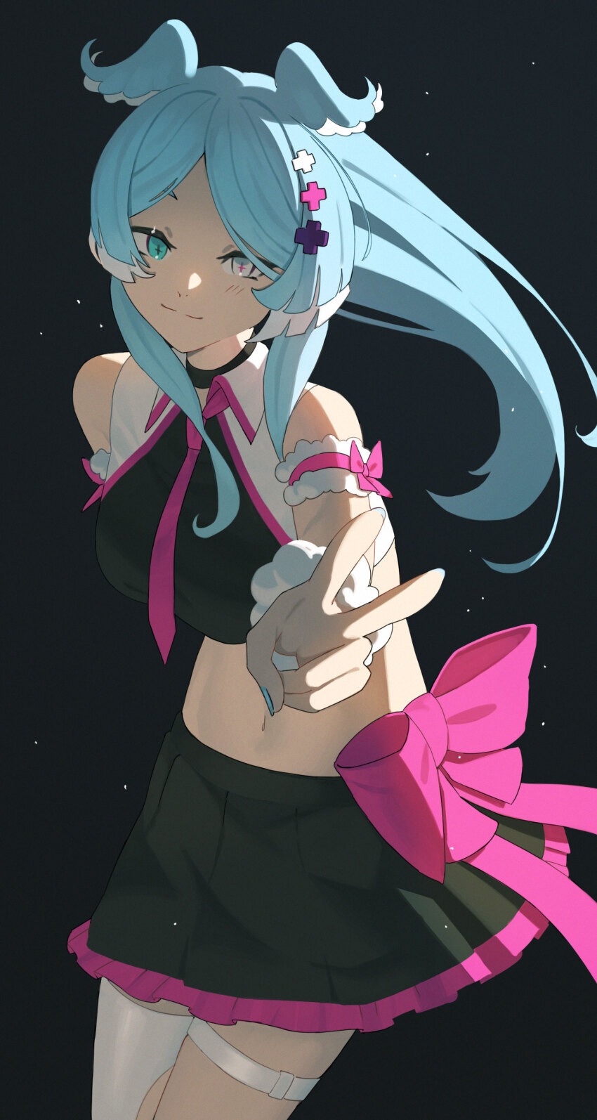 :3 absurdres alternate_costume arm_bow arm_ribbon asymmetrical_legwear asymmetrical_sidelocks backlighting bare_shoulders black_background black_choker black_shirt black_skirt blue_eyes blue_hair blue_nails blue_wings bow bow_skirt bracelet breasts choker closed_mouth collared_shirt colored_tips commentary crop_top cross-shaped_pupils elira_pendora english_commentary eyebrows_hidden_by_hair fingernails floating_hair frilled_skirt frills fur_armlet fur_bracelet hair_over_shoulder hair_wings half-closed_eyes head_tilt head_wings heterochromia highres idol idol_clothes jewelry karassawa large_bow leaning_forward light_blush light_smile long_eyelashes long_hair looking_at_viewer looking_to_the_side medium_breasts midriff miniskirt multicolored_hair multicolored_shirt narrowed_eyes navel necktie nijisanji nijisanji_en outstretched_arm parted_bangs parted_hair pink_bow pink_necktie pink_ribbon pink_shirt pink_skirt pink_trim pleated_skirt raised_eyebrows ribbon shirt short_necktie single_thighhigh skirt sleeveless sleeveless_shirt smile split_mouth standing striped_blush symbol-shaped_pupils thick_eyelashes thigh_strap thighhighs thighs tsurime two-tone_hair two-tone_skirt two-tone_wings v very_long_hair white_eyes white_hair white_shirt white_thighhighs white_wings wing_collar wings