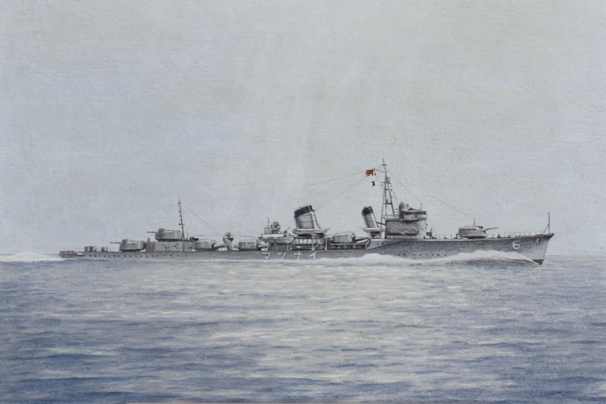 acrylic_paint_(medium) atelier_bono cannon cloud cloudy_sky flag grey_sky gunboat highres imperial_japanese_navy inazuma_(destroyer) mast no_humans ocean original painting_(medium) ship_turret sky smokestack traditional_media vehicle_focus watercraft weapon