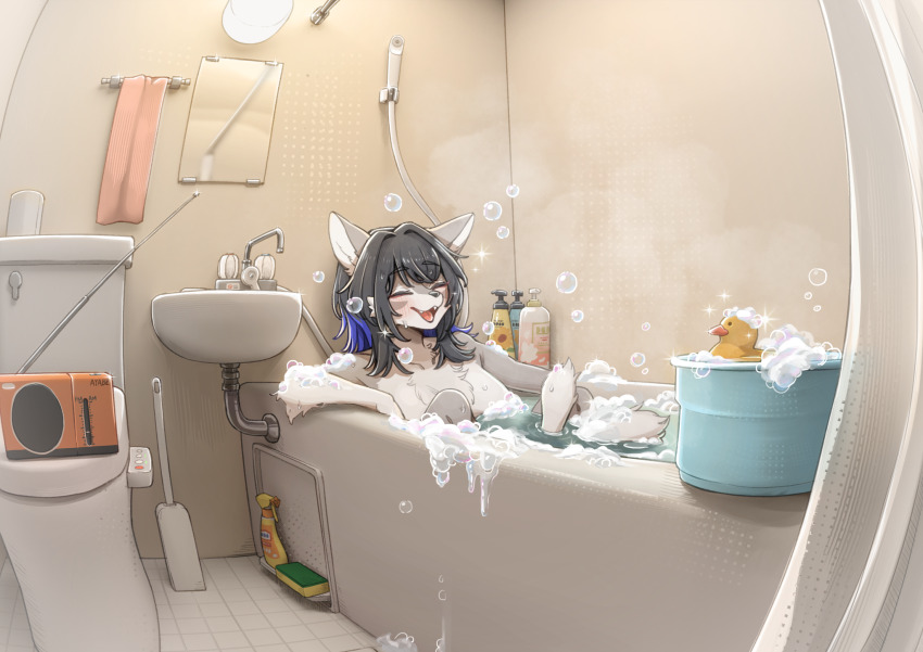 1girl animal_ears bathing bathroom bathtub black_hair body_fur breasts bucket closed_eyes faucet furry furry_female grey_fur highres indoors medium_breasts mirror misotsuki_ayabe open_mouth original partially_submerged radio radio_antenna rubber_duck sink soap_bubbles solo toilet water wet wolf_ears wolf_girl