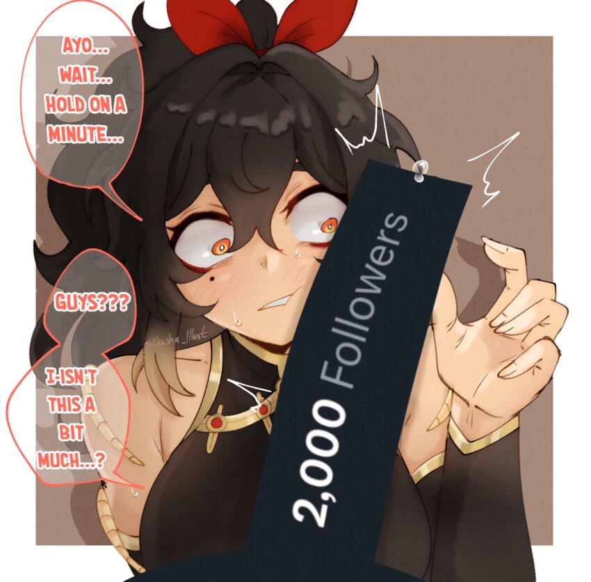 1boy 1girl akashicelegy black_hair censored chinese_clothes commentary english_commentary english_text erection high_ponytail highres large_penis looking_at_penis milestone_celebration mole mole_under_eye novelty_censor open_mouth orange_eyes original penis penis_awe penis_on_face ponytail precum solo_focus song_huoyan_(akashicelegy) speech_bubble wide-eyed