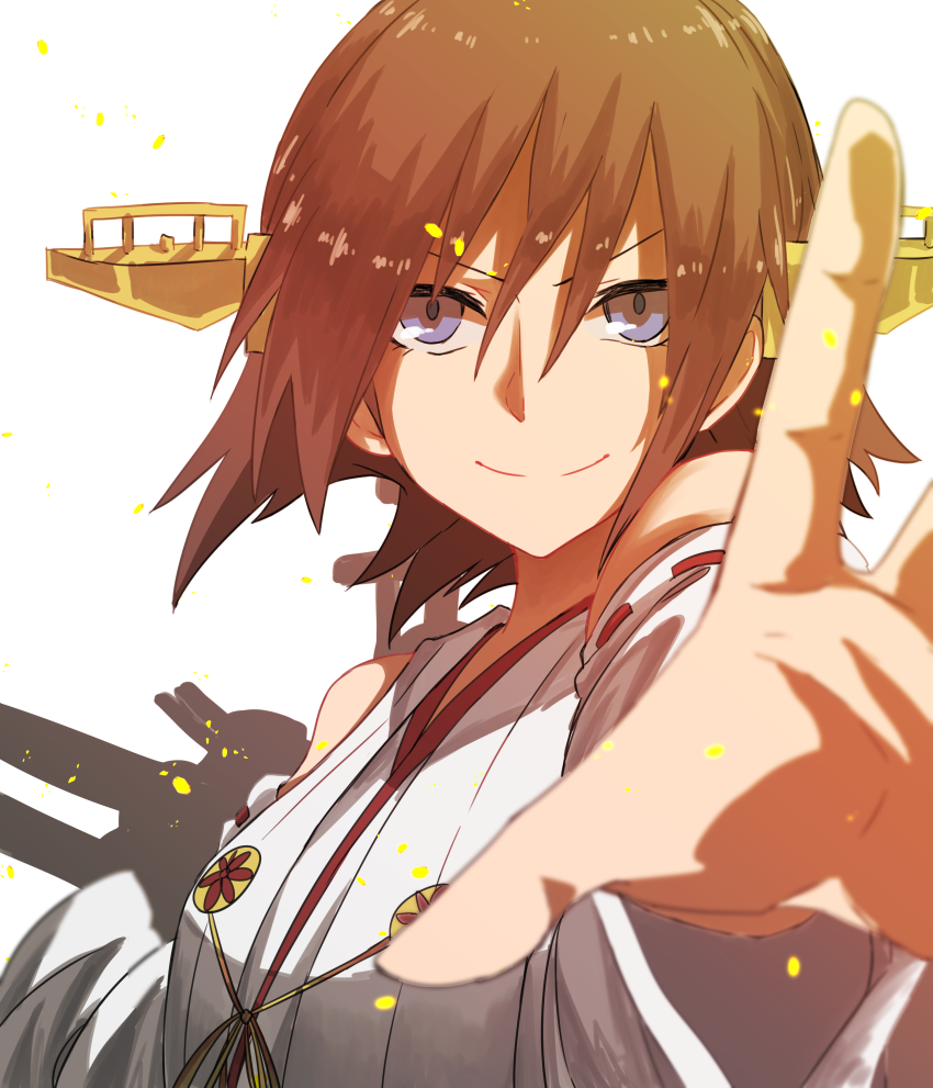10s 1girl absurdres bare_shoulders blue_eyes brown_hair female_focus foreshortening hairband hiei hiei_(kancolle) highres kantai_collection looking_at_viewer nontraditional_miko personification smirk solo tsukamoto_minori upper_body