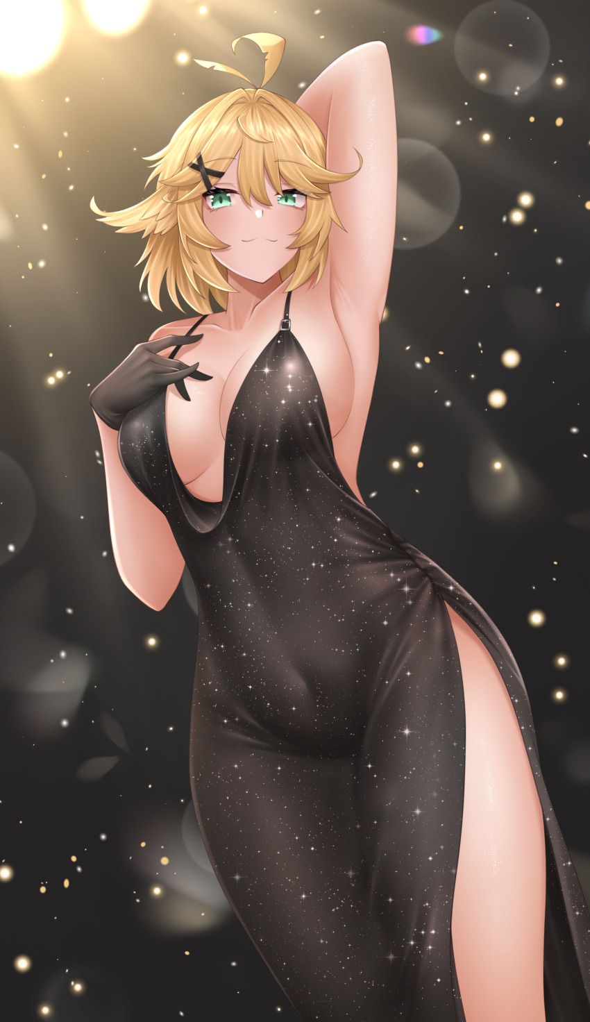 1girl absurdres ahoge alternate_costume arm_behind_head arm_up armpits black_dress black_gloves blonde_hair breasts cleavage closed_mouth covered_navel dokibird_(vtuber) dress gloves green_eyes hair_flaps hair_ornament highres indie_virtual_youtuber large_breasts looking_at_viewer popcornflakes short_hair smile solo virtual_youtuber x_hair_ornament