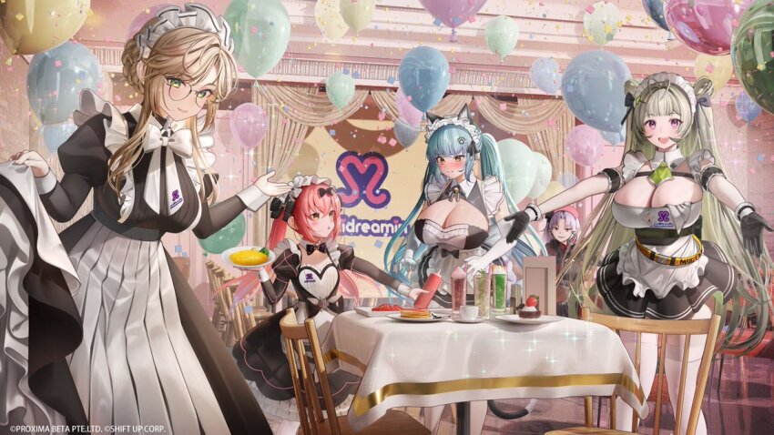 5girls ade_(nikke) animal_ears black_dress black_gloves blonde_hair blue_hair breasts cat_ears cleavage closed_mouth cocoa_(nikke) dress elbow_gloves gloves goddess_of_victory:_nikke green_hair indoors large_breasts long_sleeves looking_at_viewer maid maid_for_you_(nikke) maid_headdress multiple_girls nanaken_nana official_alternate_costume official_art open_mouth privaty_(nikke) privaty_(unkind_maid)_(nikke) short_sleeves sidelocks smile soda_(nikke) standing thighhighs twintails white_gloves white_thighhighs