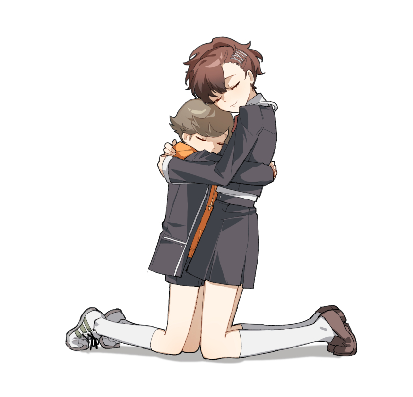 1boy 1girl amada_ken bow brown_hair child closed_eyes closed_mouth eca_leaf full_body gekkoukan_high_school_uniform hetero highres hug jacket kneehighs loafers long_hair long_sleeves persona persona_3 persona_3_portable school_uniform shiomi_kotone shirt shoes short_hair simple_background skirt smile socks white_background white_socks