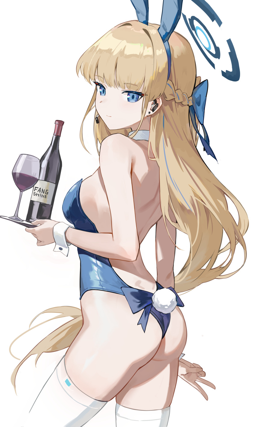 1girl absurdres animal_ears bare_shoulders blonde_hair blue_archive blue_eyes bottle braid breasts cup detached_collar drinking_glass expressionless fake_animal_ears fang5hine from_side halo highres leotard long_hair looking_at_viewer microphone playboy_bunny rabbit_ears rabbit_tail skindentation small_breasts solo standing tail thighhighs toki_(blue_archive) toki_(bunny)_(blue_archive) v very_long_hair white_background white_thighhighs wine_bottle wine_glass
