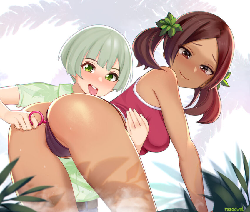 1boy 1girl all_fours anal anal_object_insertion artist_name ass bare_shoulders belt black_panties blush breasts brown_eyes brown_hair dark-skinned_female dark_skin dot_nose green_eyes green_hair hair_ornament hand_on_another&#039;s_stomach hawaiian_shirt leaf leaf_hair_ornament long_hair mole mole_under_eye object_insertion original pale_skin panties rezodwel sex_toy shadow shirt smile tank_top tears tongue tongue_out twintails underwear