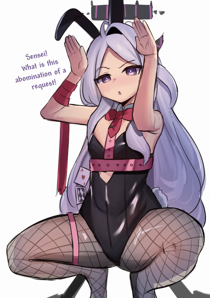 1girl absurdres alternate_costume blue_archive english_text fishnet_pantyhose fishnets highres hina_(blue_archive) iog626 leotard long_hair pantyhose playboy_bunny purple_eyes simple_background solo squatting twitter white_background white_hair