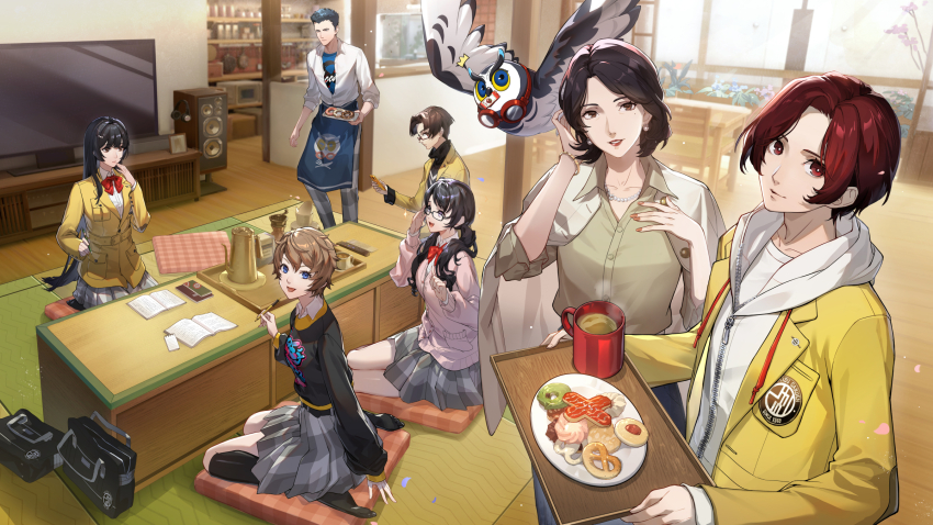 3boys 4girls adjusting_eyewear apron arai_motoha bag bird black_bag black_hair black_socks black_sweater blue_apron blue_eyes book brown_eyes brown_hair character_request coffee coffee_mug commentary_request cup cytosineee food grey_skirt hand_on_eyewear hand_on_own_chest highres holding holding_pen holding_tray hood hoodie indoors jacket kamishiro_nagisa kanou_shun kurotani_kiyoshi living_room long_hair looking_at_viewer low_twintails lufel_(owl)_(p5x) lufel_(p5x) mug multiple_boys multiple_girls noge_tomoko official_art open_book owl pen persona persona_5 persona_5:_the_phantom_x plate red_eyes red_hair school_bag seiza shirt_on_shoulders short_hair sitting skirt smile socks sweater sweets table tanemura_riko tray twintails wariza white_hoodie window yellow_jacket