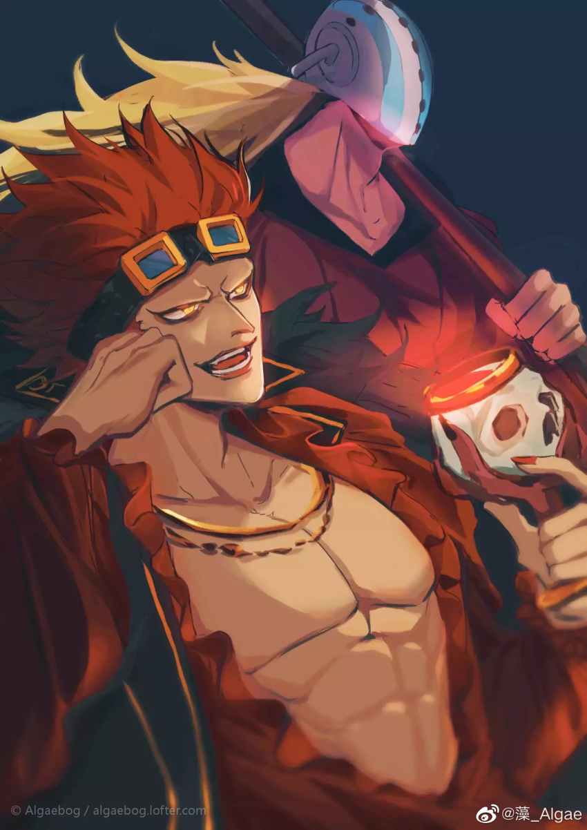 2boys algaebog bare_pectorals blue_background chalice cup eustass_kid goggles goggles_on_head highres holding holding_cup killer_(one_piece) long_sleeves looking_ahead male_focus mask multiple_boys one_piece open_mouth pectorals yellow_eyes