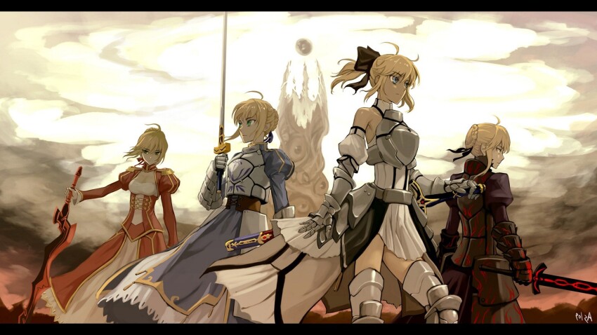 4girls ahoge alternate_hairstyle armor artist_request artoria_pendragon_(fate) back berserker_(fate/zero) black_bar blonde_hair breasts cloud cloudy_sky creature doppelganger dress extra_eyes fate/zero fate_(series) gauntlets green_eyes highres medium_breasts multiple_eyes multiple_girls nero_claudius_(fate) orb ponytail saber_alter saber_lily serious signature skirt sky sword weapon yellow_eyes