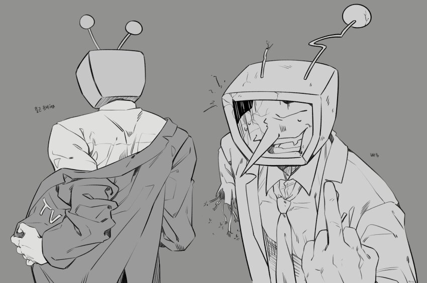 1boy ant_tenna antennae broken_antenna cable crack crt deltarune fang furrowed_brow highres hulu0416 humanoid_robot korean_commentary korean_text long_nose male_focus mechabare middle_finger missing_limb multiple_views necktie object_head open_mouth pointy_nose robot shirt sweat unbuttoned_jacket utdr_(toby_fox) wire