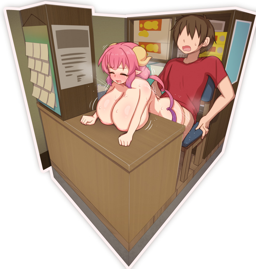 1boy 1girl aida_taketo bent_over blush bottomless breasts breath brown_hair chair closed_eyes clothed_male_nude_female clothed_sex commentary completely_nude counter dragon_girl dragon_horns faceless faceless_male fixed-point_camera furrowed_brow hetero highres horns huge_breasts ilulu_(maidragon) kobayashi-san_chi_no_maidragon kulettula motion_lines nude paid_reward_available pink_hair pointy_ears purple_hair red_shirt sex sex_from_behind shirt short_hair short_hair_with_long_locks short_sleeves shortstack sitting standing standing_sex sweat sweatdrop t-shirt yellow_horns