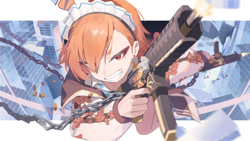 1girl absurdres blue_archive chain chinese_commentary commentary_request earrings gun hair_over_one_eye highres holding holding_gun holding_weapon jacket jewelry long_sleeves maid_headdress mole mole_under_eye neru_(blue_archive) orange_hair red_eyes riok_hh solo stud_earrings submachine_gun sukajan tsurime weapon