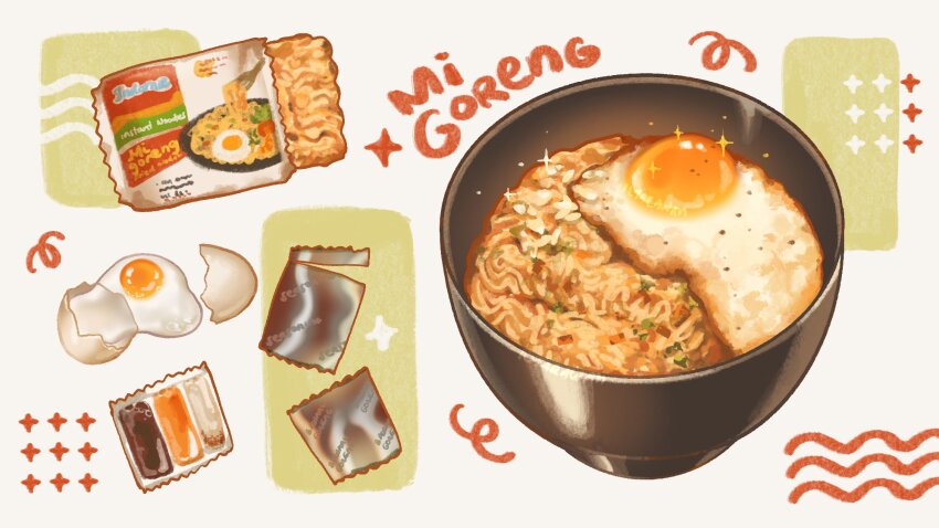 bowl broken_egg egg egg_(food) eggshell food food_focus garnish highres ilya_(ilyarawan) indomie_(brand) indonesian_commentary indonesian_text instant_noodle_block instant_ramen mie_goreng no_humans noodles original pack_noodles sachet simple_background still_life white_background