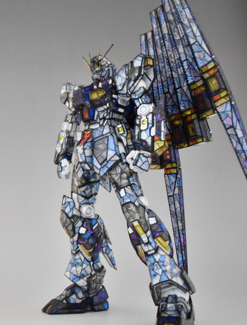 char&#039;s_counterattack clenched_hands fin_funnels gundam gunpla highres looking_down mecha mobile_suit model_kit model_kit_(medium) no_humans nu_gundam photo_(medium) robot science_fiction solo stained_glass standing sui_(sui4121) unconventional_media v-fin