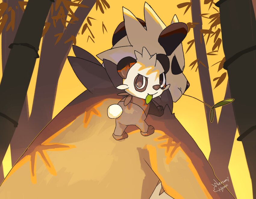 absurdres bamboo bamboo_forest closed_mouth commentary_request evolutionary_line forest gen_6_pokemon highres leaf leaf_in_mouth looking_back mouth_hold narumi_hyou nature nintendo on_shoulder pancham panda pangoro pokemon pokemon_(creature) pokemon_on_shoulder shadow signature smile stalk_in_mouth yellow_background