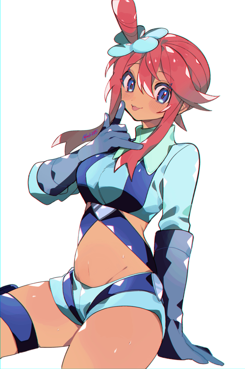 1girl arm_support blue_eyes blue_jacket blue_shorts breasts commentary_request cropped_jacket gloves hair_between_eyes hair_ornament hand_up highres jacket kawasaki_(kwsk_8765) looking_at_viewer midriff nintendo one_side_up pink_hair pokemon pokemon_bw short_shorts shorts sidelocks simple_background sitting skyla_(pokemon) solo thigh_strap white_background