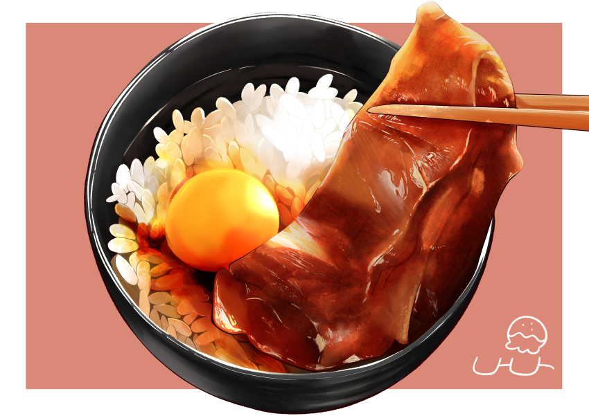 absurdres artist_logo border brown_background chopsticks commentary_request egg egg_yolk food food_focus highres logo meat mori_shino no_humans original plate realistic rice tamagokake_gohan white_border yakiniku