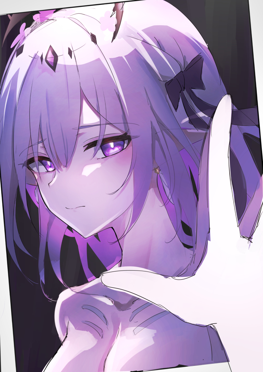 1girl black_bow bow breasts bright_pupils castorice_(honkai:_star_rail) closed_mouth collarbone commentary_request earrings ewoagemasull hair_bow highres honkai:_star_rail honkai_(series) jewelry long_hair looking_at_reflection medium_breasts partial_commentary pointy_ears portrait pov pov_hands purple_eyes purple_hair reflection sketch solo white_pupils