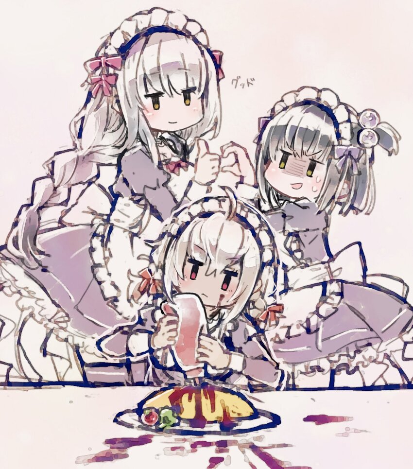 ahoge alternate_costume apron black_hair braid dark-skinned_female dark_skin dress enmaided food frima_(nikke) goddess_of_victory:_nikke hair_ribbon heart_hands_failure highres holding ketchup kureudon long_hair maid maid_apron maid_headdress milk_(nikke) omelet omurice red_eyes ribbon short_hair smile sugar_(nikke) sweatdrop white_apron white_hair