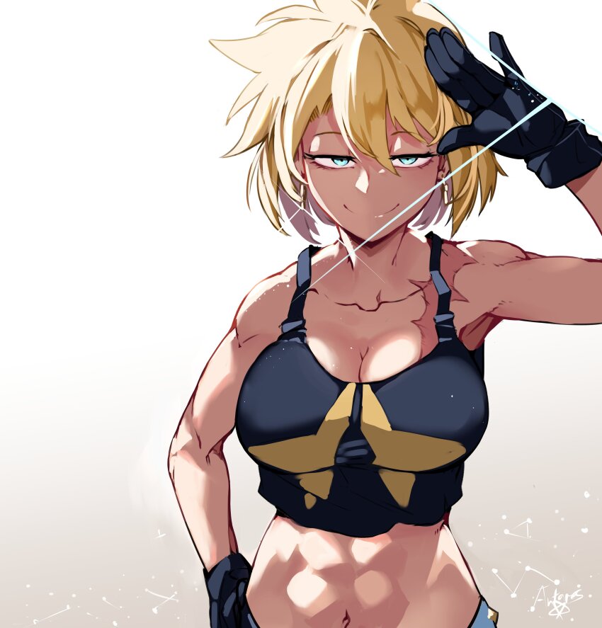 1girl absurdres antares_topaz black_gloves black_tank_top blonde_hair breasts cleavage commentary earrings english_commentary gloves glowing glowing_eyes highres jewelry large_breasts lens_flare medium_hair midriff muscular muscular_female navel salute scar scar_on_shoulder shiny_skin signature smile solo star_(symbol) star_linker tank_top toned toned_female topaz_(antares_topaz)