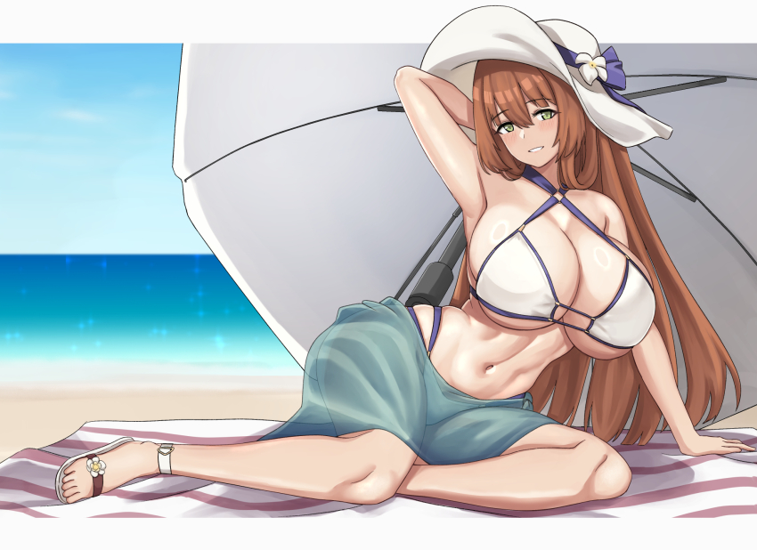 1girl aqua_sarong arm_behind_head arm_up armpits beach bikini blush breasts brown_hair cleavage cyka girls&#039;_frontline green_eyes hair_between_eyes hat highres large_breasts long_hair looking_at_viewer navel o-ring o-ring_bikini o-ring_top official_alternate_costume outdoors ribbon sandals sarong sidelocks smile solo springfield_(girls&#039;_frontline) springfield_(stirring_mermaid)_(girls&#039;_frontline) sun_hat swimsuit white_bikini