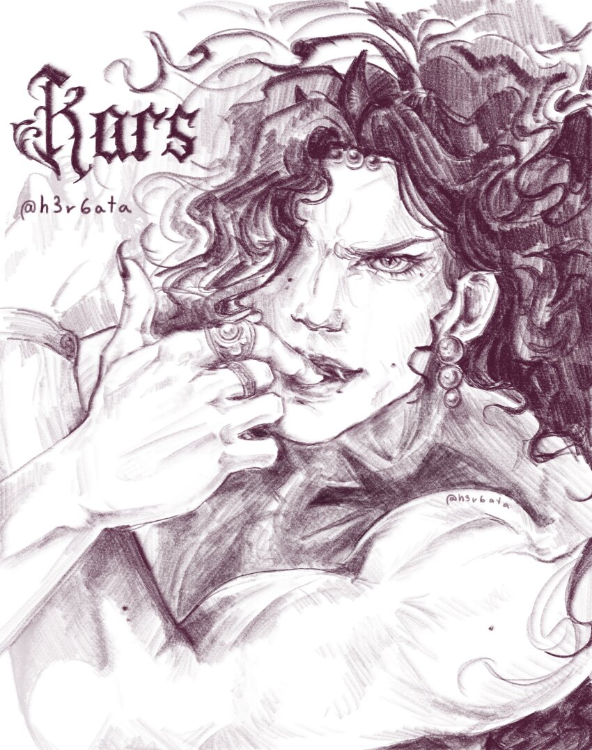 1boy absurdres battle_tendency commentary earrings english_commentary finger_in_own_mouth graphite_(medium) h3r6ata highres horns jewelry jojo_no_kimyou_na_bouken kars_(jojo) long_hair male_focus manly monochrome muscular muscular_male ring solo topless_male traditional_media twitter_username wavy_hair
