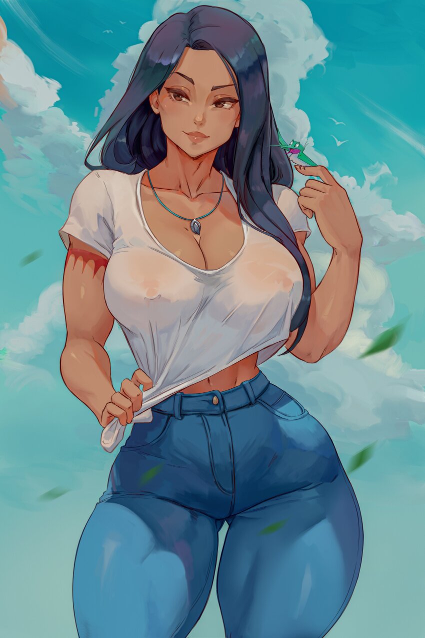 1girl absurdres alterlesott arm_tattoo bird black_hair blue_pants blue_sky breasts brown_eyes cleavage collarbone covered_erect_nipples dark-skinned_female dark_skin denim highres hummingbird jeans jewelry large_breasts long_hair looking_at_viewer navel necklace pants parted_bangs pocahontas_(disney) pocahontas_(movie) shirt short_sleeves sky smile tattoo thick_thighs thighs white_shirt wide_hips