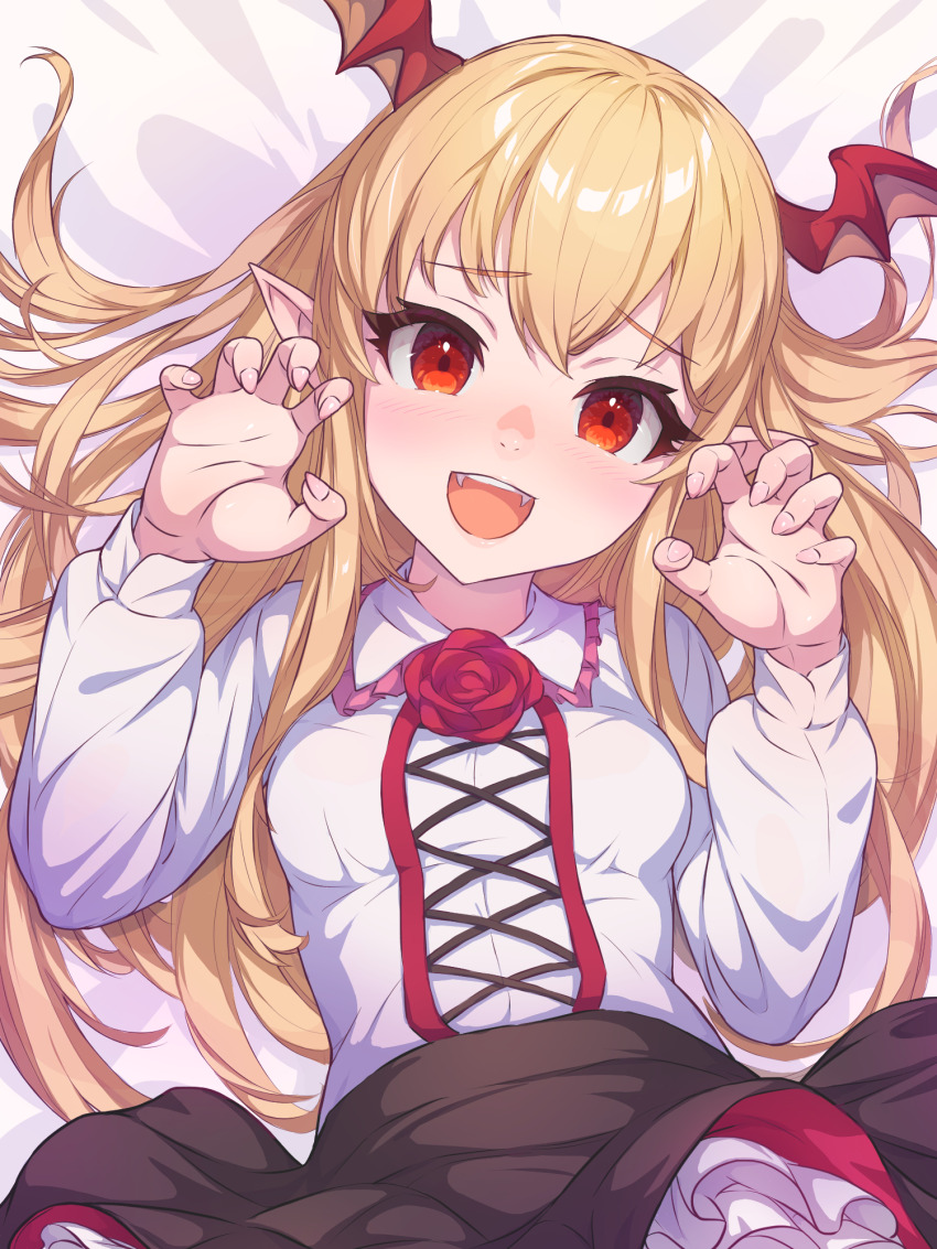 1girl bat_wings black_skirt blonde_hair blush breasts claw_pose coba_(coba_xp) collared_shirt cross-laced_clothes fangs fingernails flower frilled_skirt frills head_wings highres long_hair looking_at_viewer lying on_back open_mouth pointy_ears red_eyes red_flower red_rose red_wings revision rose sharp_fingernails shingeki_no_bahamut shirt skirt small_breasts solo teeth upper_body vampire vampy white_shirt wings
