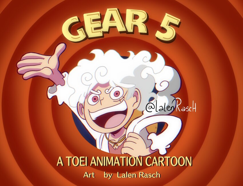 1boy :d arm_up artist_name collarbone crossover english_text gear_fifth hand_up highres jacket lalenrasch long_sleeves looking_at_viewer looney_tunes male_focus monkey_d._luffy one_piece open_clothes open_jacket open_mouth pink_shirt porky_pig shirt short_hair smile solo teeth tongue upper_teeth_only warner_bros. white_hair white_jacket